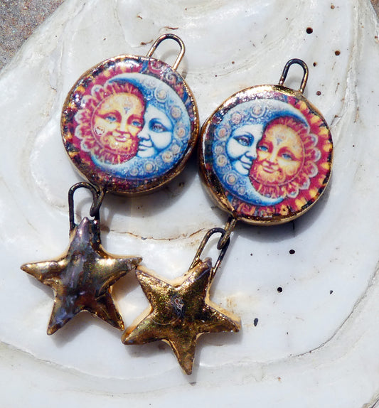 Ceramic Vintage Sun and Moon Decal and Star Earring Dangles #7