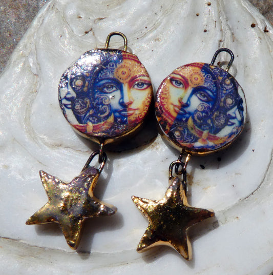 Ceramic Vintage Sun and Moon Decal and Star Earring Dangles #8