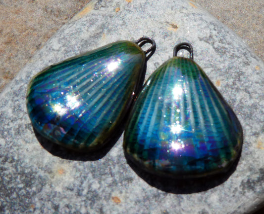 Ceramic Lustrous Flat Shell Textured Charms- Oriental Blue