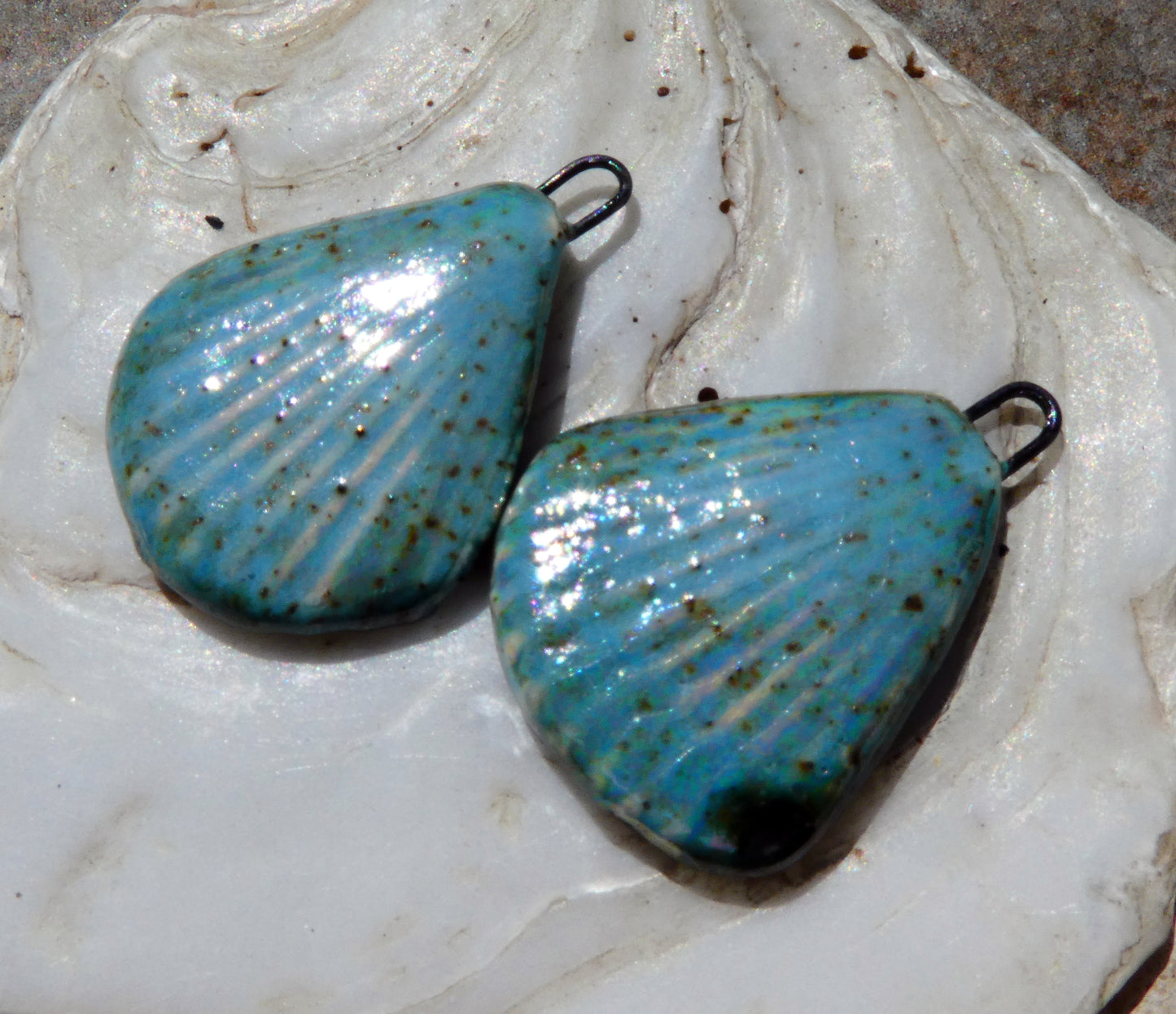 Ceramic Lustrous Flat Shell Textured Charms- Turquoise Sandstone