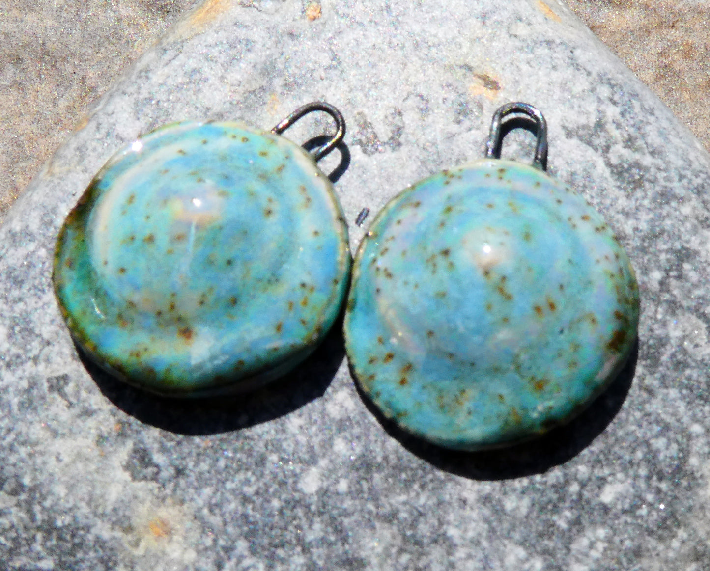 Ceramic Lustrous Button Shell Textured Charms- Turquoise Sandstone