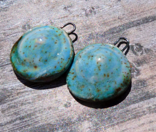 Ceramic Lustrous Button Shell Textured Charms- Turquoise Sandstone