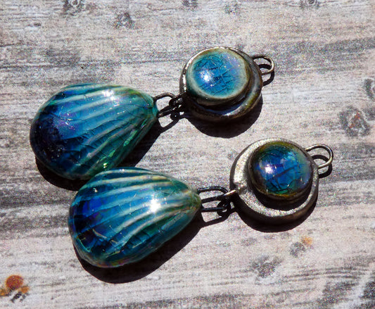 Ceramic Lustrous Moulded Disc and Shell Dangles - Oriental Blue