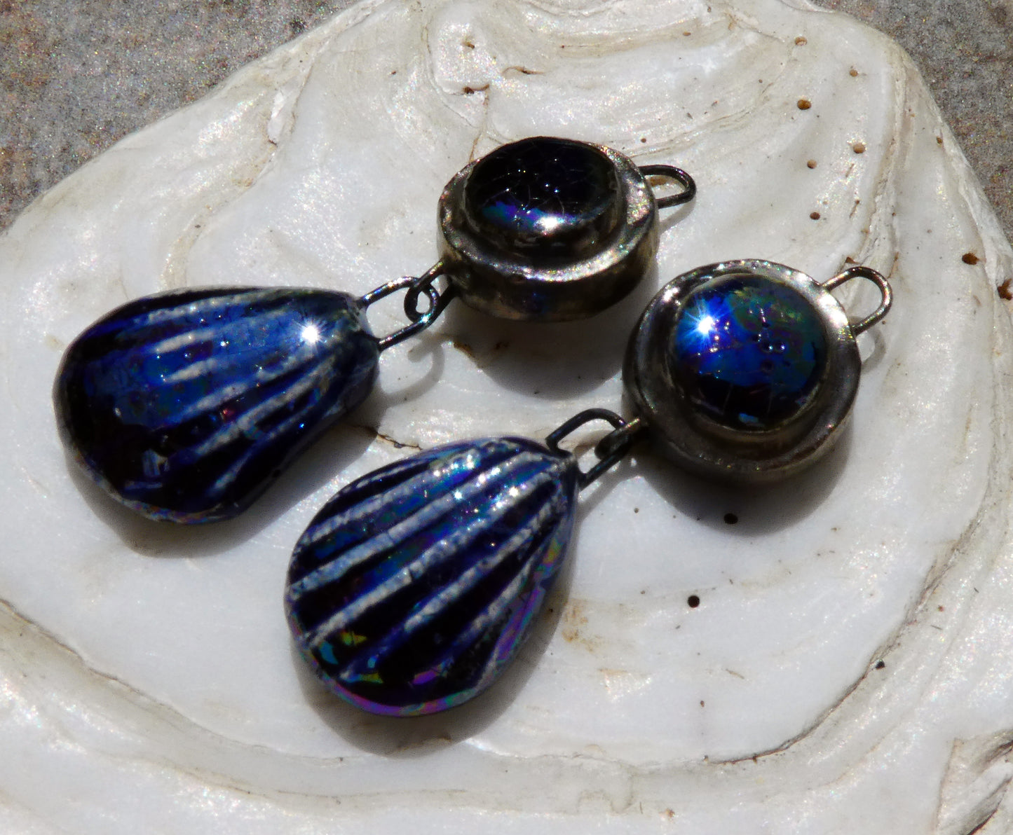 Ceramic Lustrous Moulded Disc and Shell Dangles - Mirror Blue