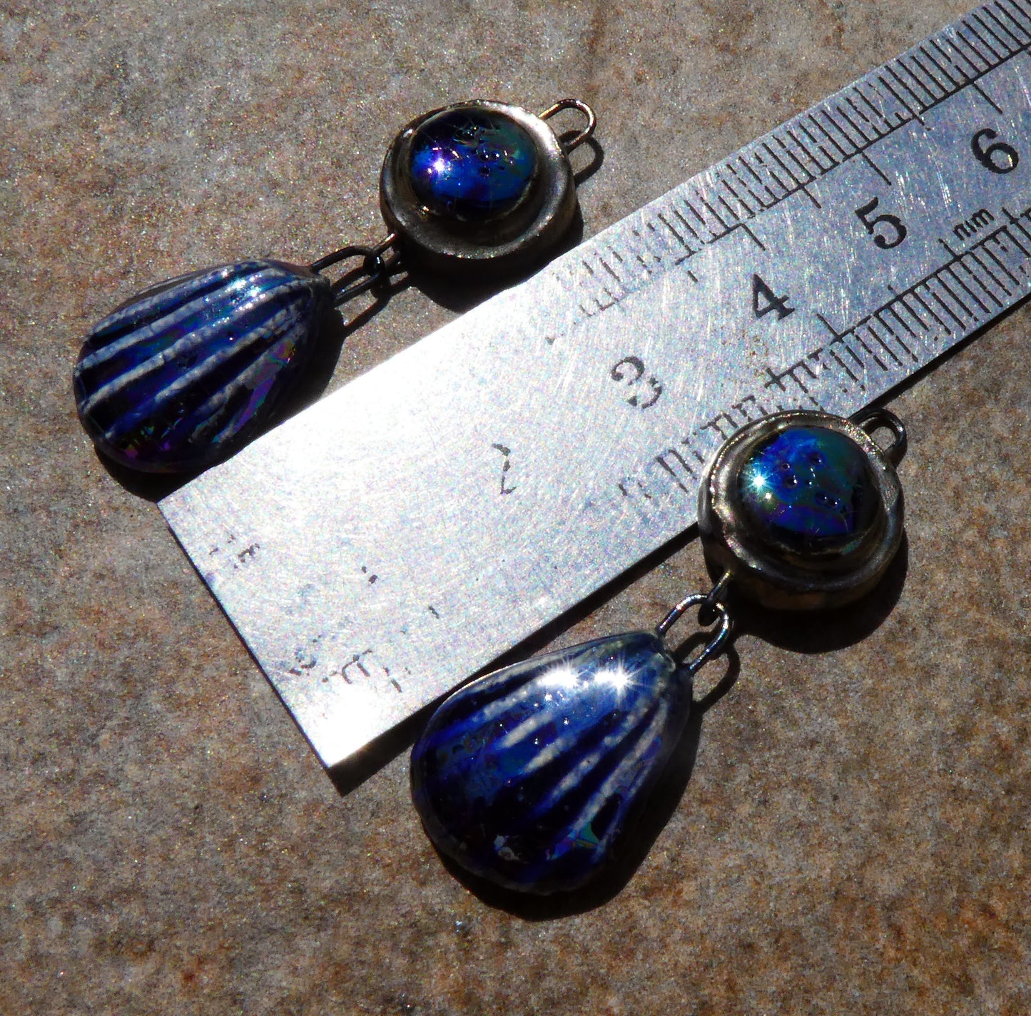 Ceramic Lustrous Moulded Disc and Shell Dangles - Mirror Blue