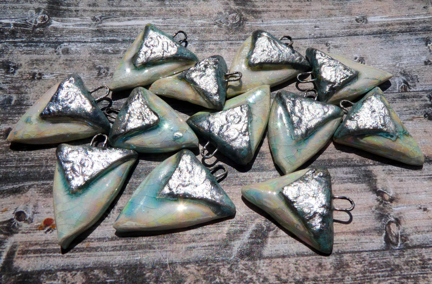 Ceramic Lustrous Silvery Sharks Tooth Charms