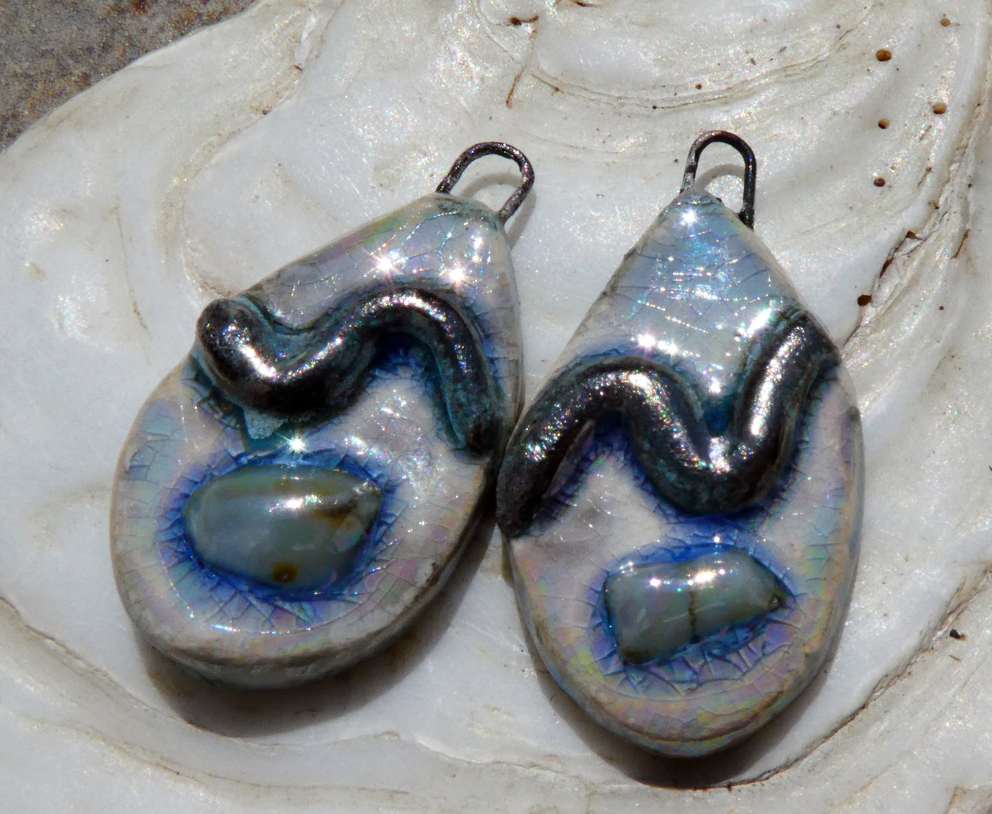 Ceramic Lustrous Silvery Wave and Glass Slice Charms #1