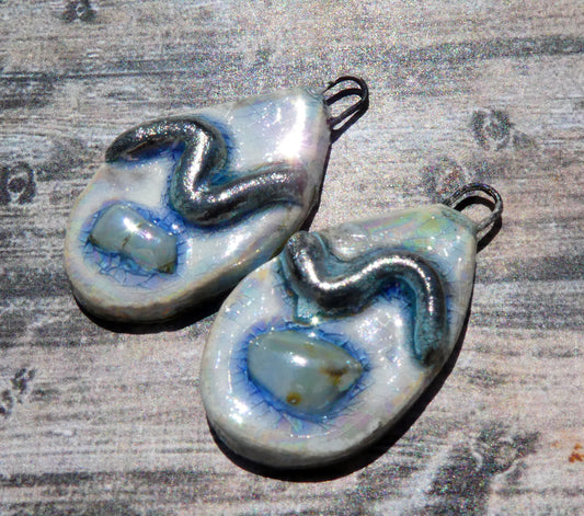 Ceramic Lustrous Silvery Wave and Glass Slice Charms #1