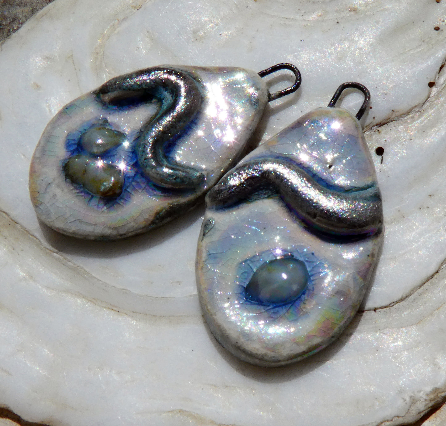 Ceramic Lustrous Silvery Wave and Glass Slice Charms #2