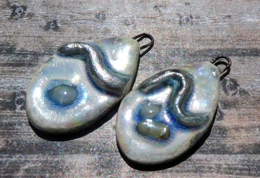 Ceramic Lustrous Silvery Wave and Glass Slice Charms #2