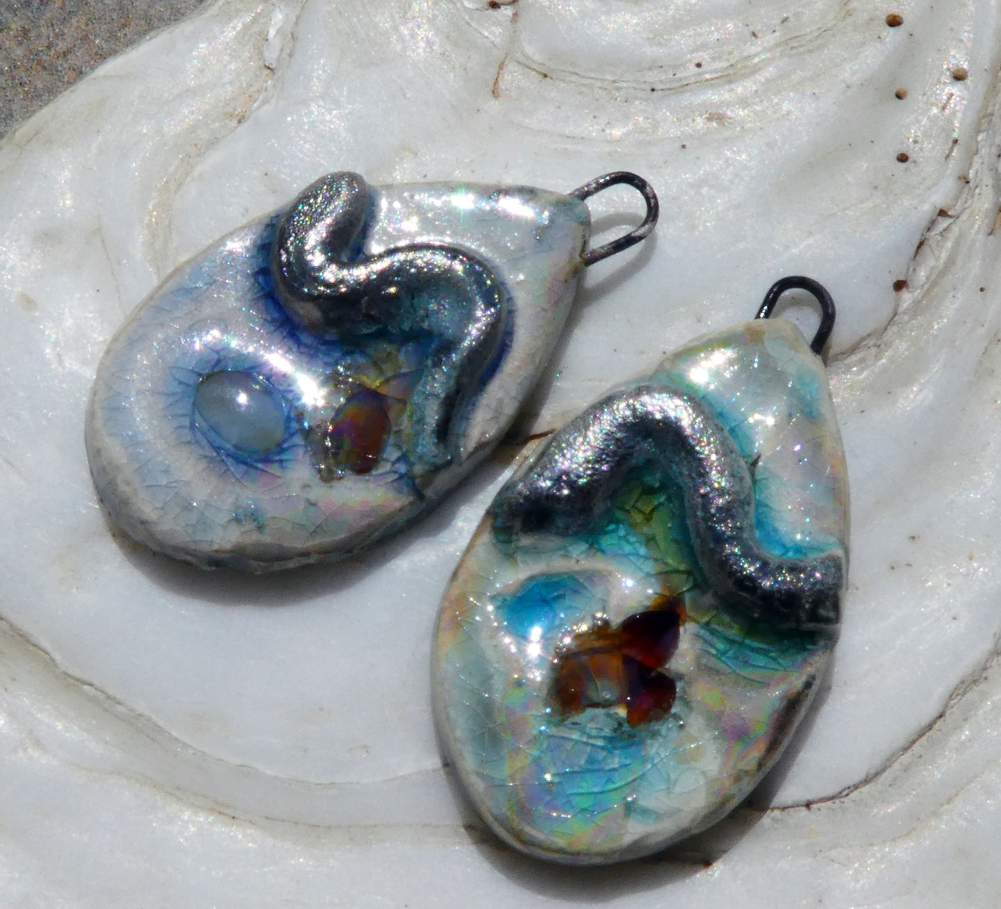 Ceramic Lustrous Silvery Wave and Glass Slice Charms #3