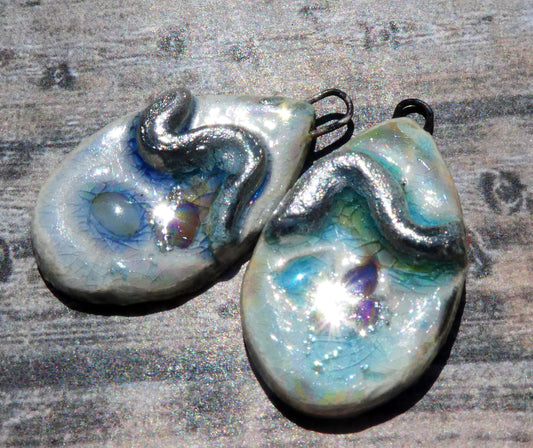 Ceramic Lustrous Silvery Wave and Glass Slice Charms #3
