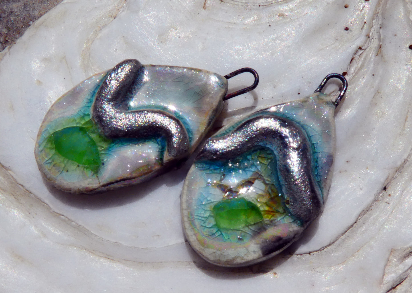 Ceramic Lustrous Silvery Wave and Glass Slice Charms #5