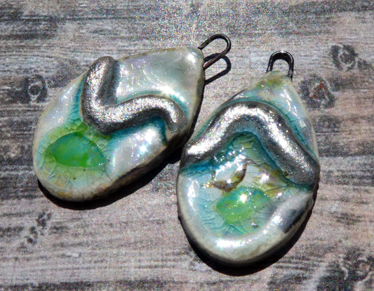Ceramic Lustrous Silvery Wave and Glass Slice Charms #5