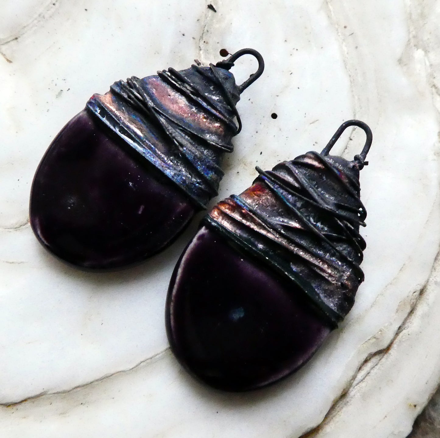 Ceramic Wire Wrapped Teardrop Charms -Aubergine