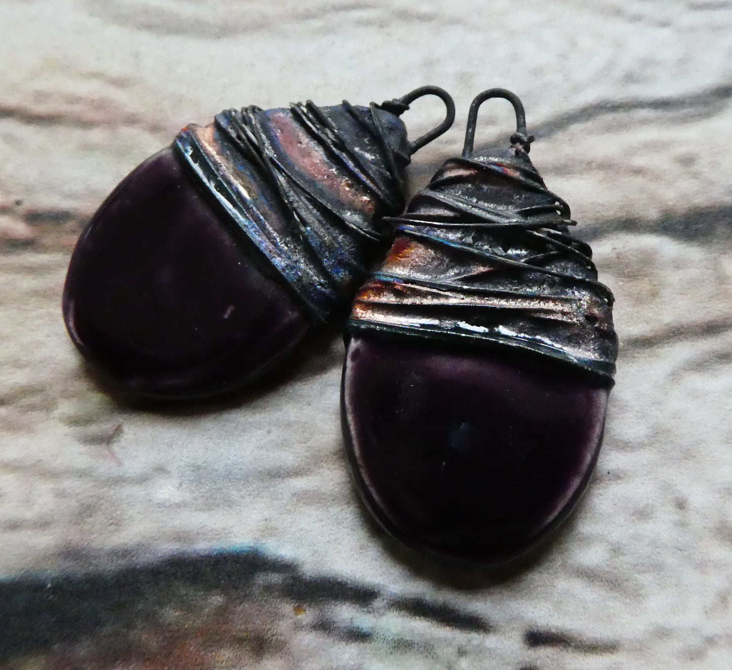 Ceramic Wire Wrapped Teardrop Charms -Aubergine
