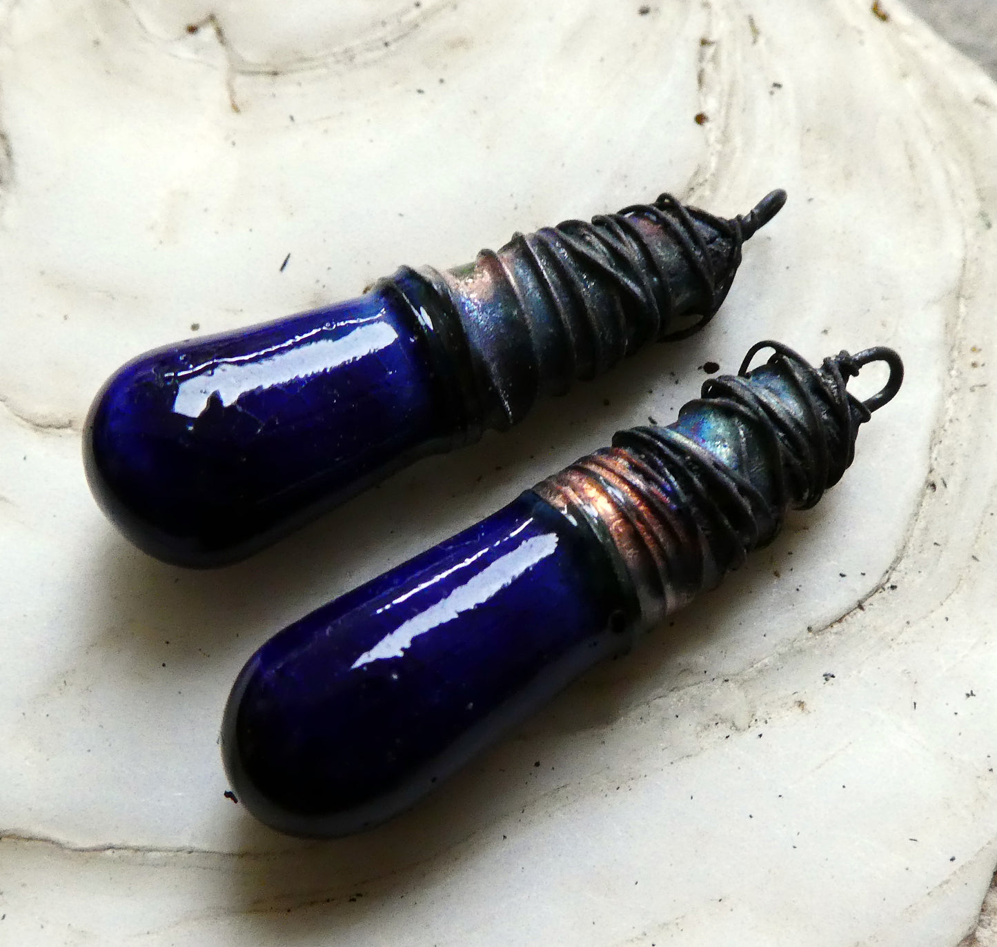 Ceramic Wire Wrapped Baton Charms -Mirror Blue