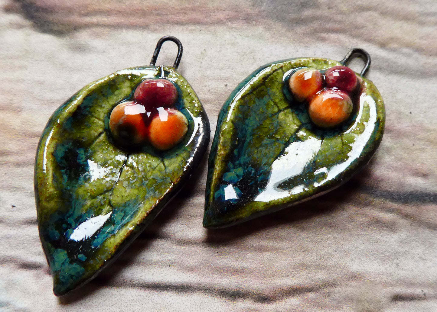 Ceramic Autumn Leaf and Berries Charms -Dark Jade