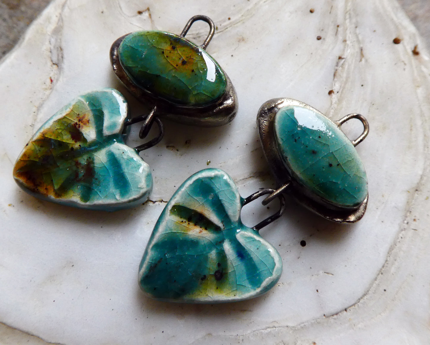 Ceramic Moulded Oval and Leaf Dangles - Lotus Blossom