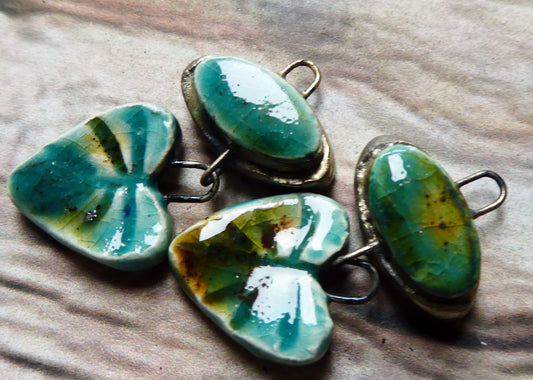 Ceramic Moulded Oval and Leaf Dangles - Lotus Blossom