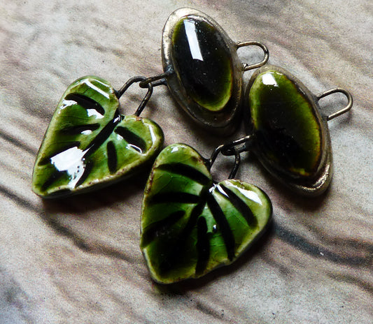 Ceramic Moulded Oval and Leaf Dangles - Olive