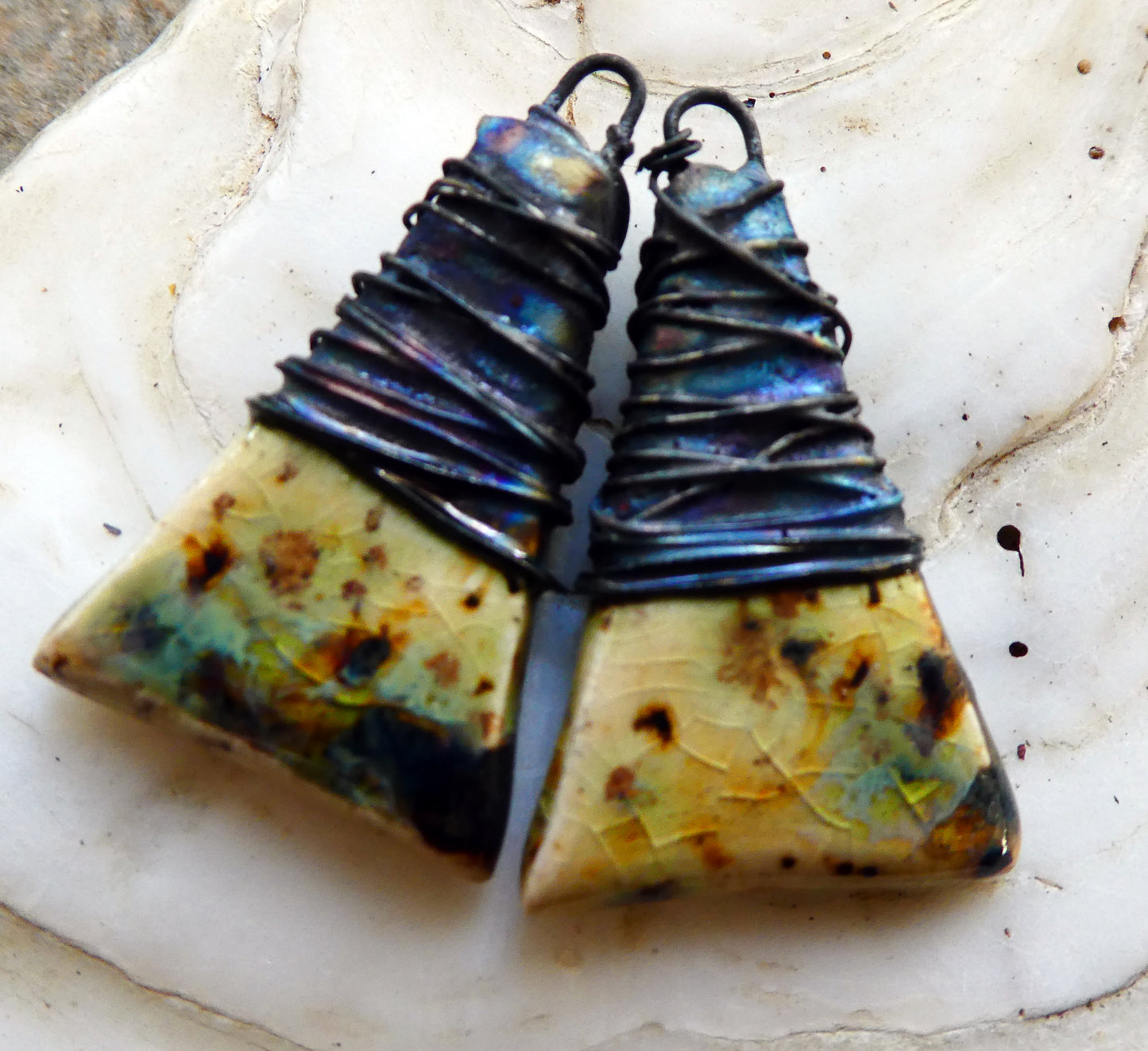 Ceramic Wire Wrapped Wedge Charms -Cappuccino Mint