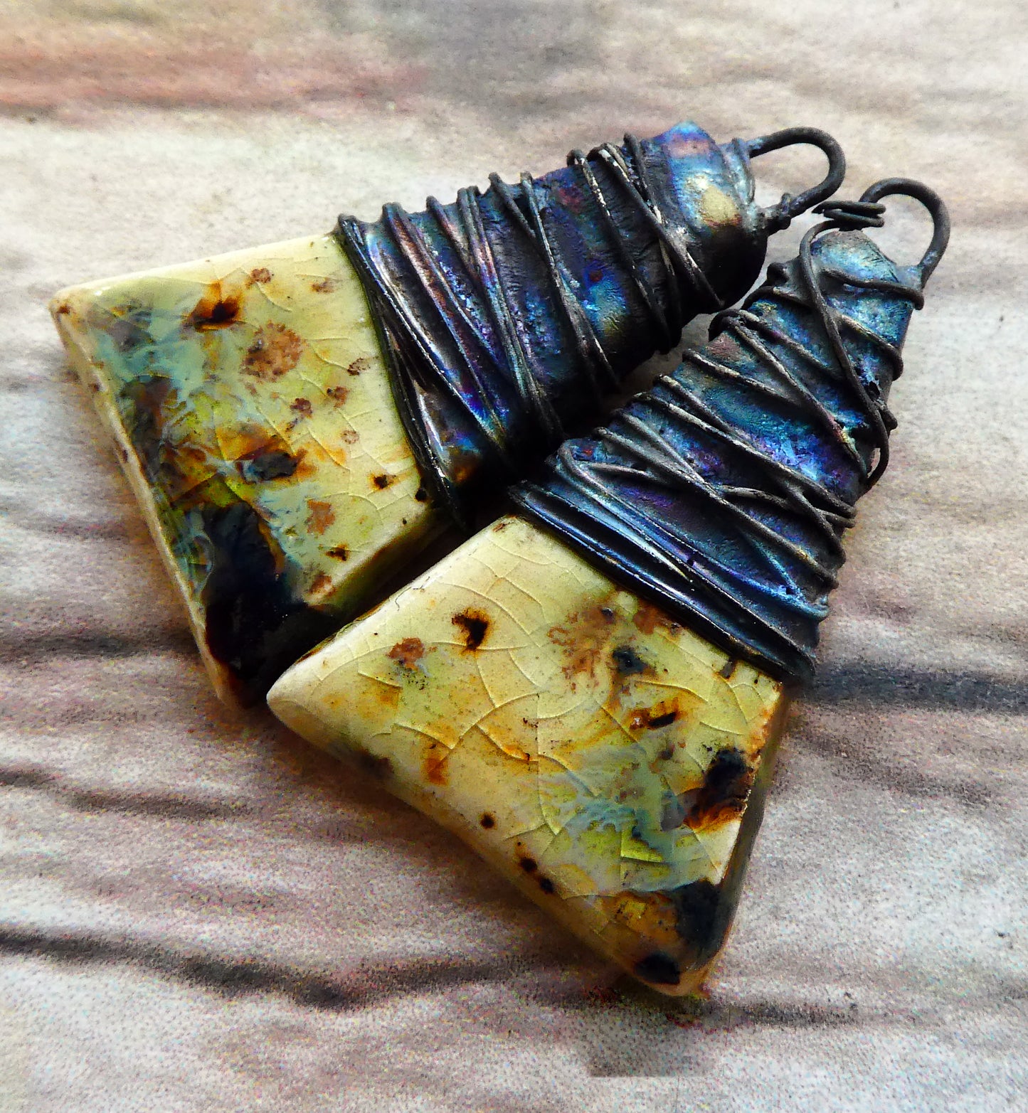 Ceramic Wire Wrapped Wedge Charms -Cappuccino Mint