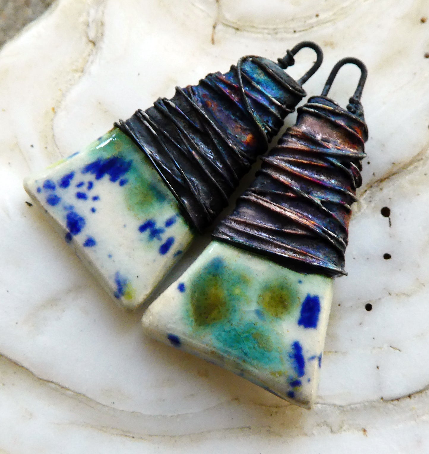 Ceramic Wire Wrapped Wedge Charms -Seawind