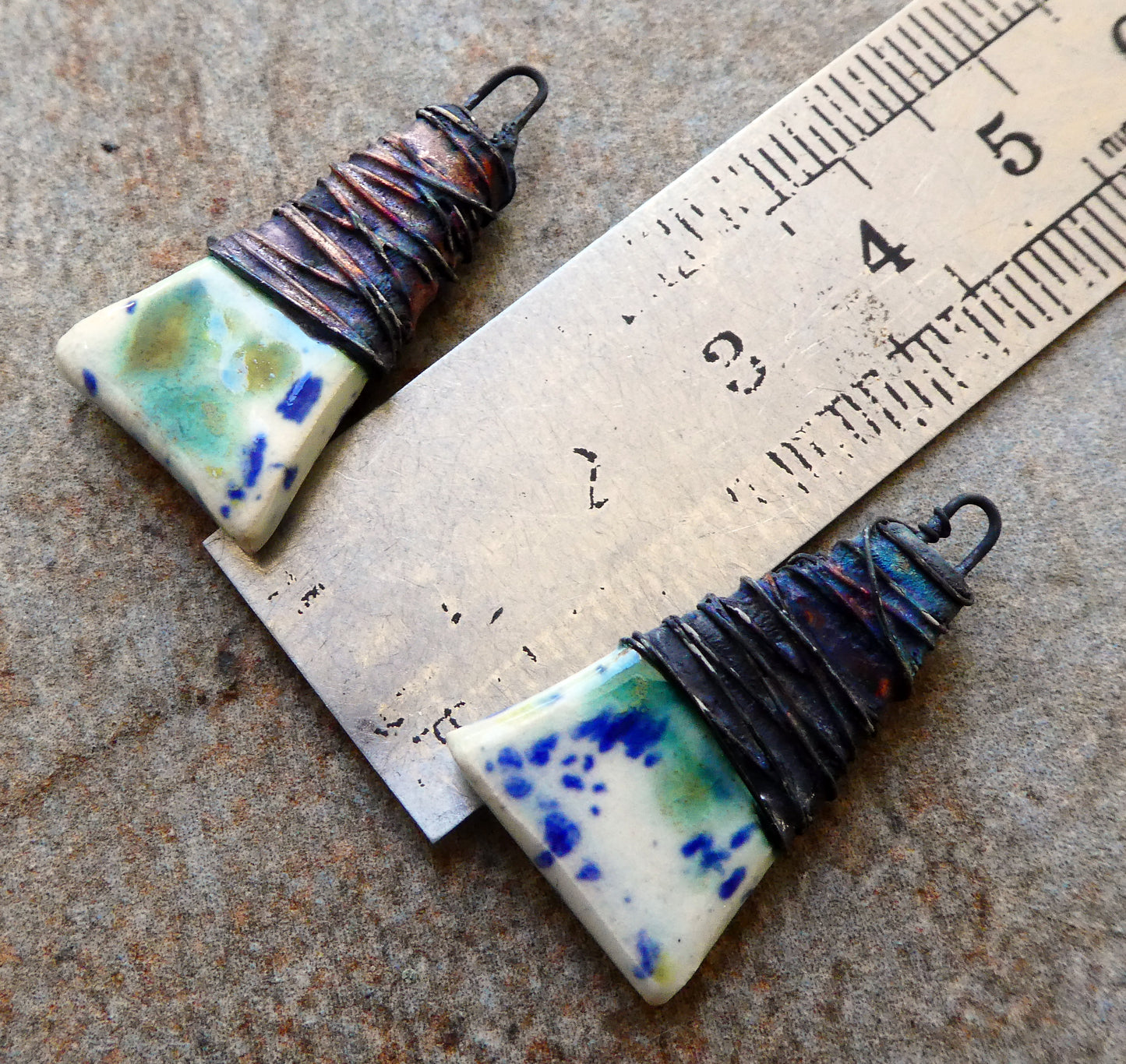 Ceramic Wire Wrapped Wedge Charms -Seawind