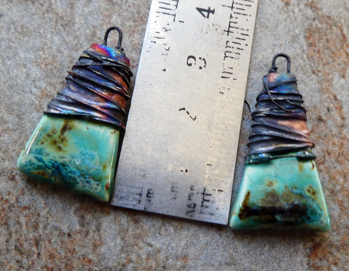 Ceramic Wire Wrapped Wedge Charms -Blue Guppy