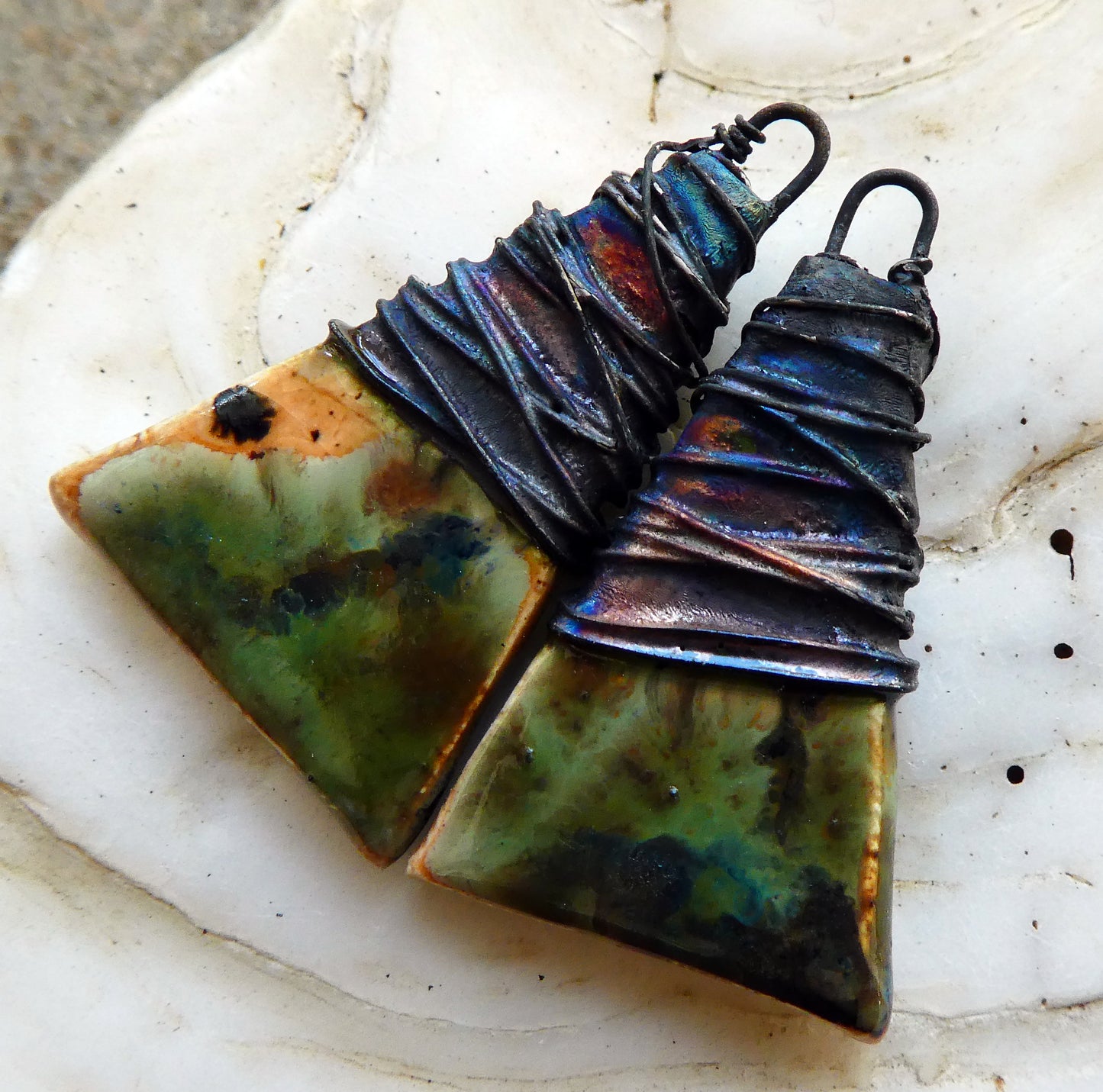 Ceramic Wire Wrapped Wedge Charms -Oriental Caramel