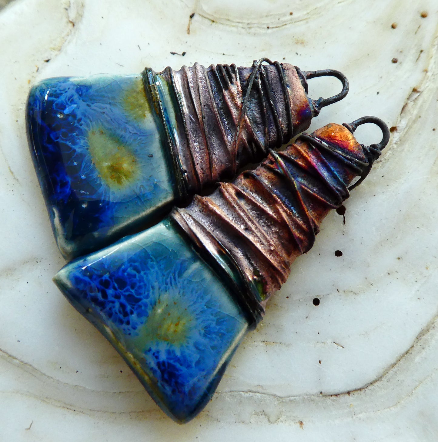 Ceramic Wire Wrapped Wedge Charms -Monsoon Seas