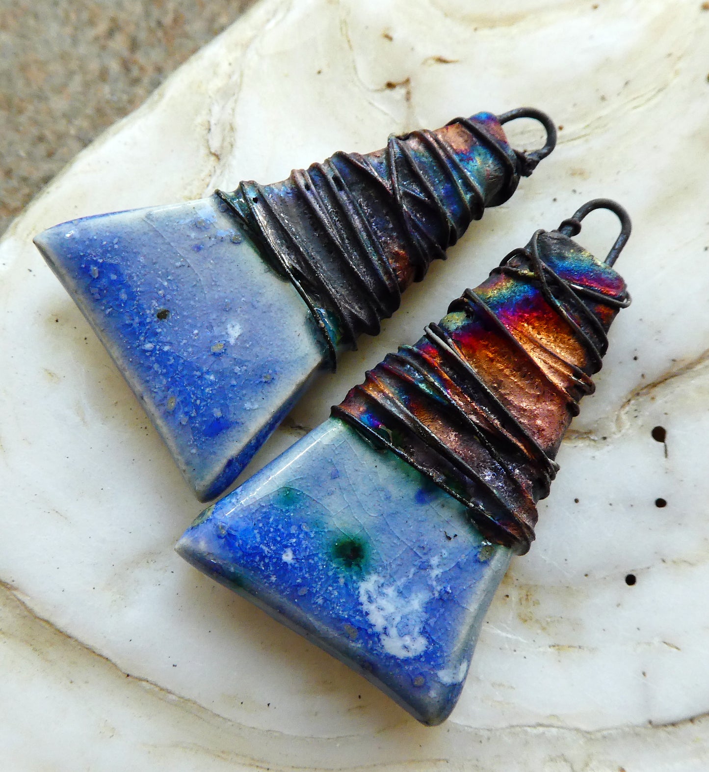 Ceramic Wire Wrapped Wedge Charms -Glacier Fire