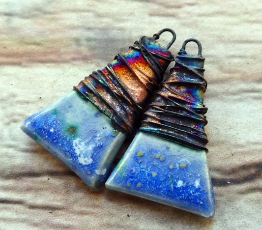 Ceramic Wire Wrapped Wedge Charms -Glacier Fire