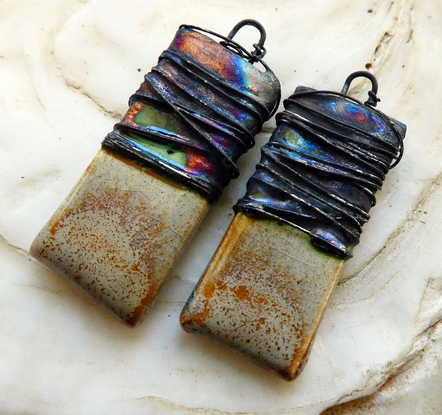 Ceramic Wire Wrapped Tablet Charms - Stone