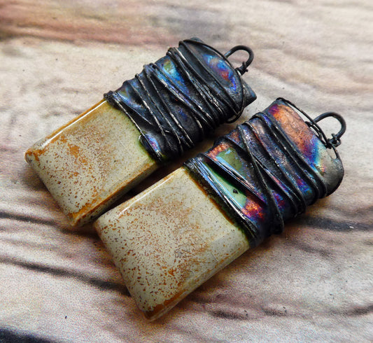 Ceramic Wire Wrapped Tablet Charms - Stone