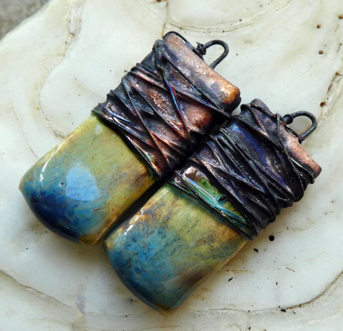 Ceramic Wire Wrapped Tablet Charms - Blue Agate