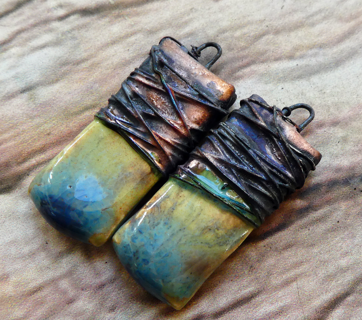 Ceramic Wire Wrapped Tablet Charms - Blue Agate