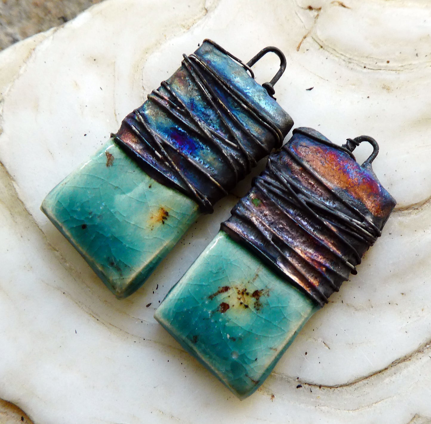 Ceramic Wire Wrapped Tablet Charms - Lotus Blossom