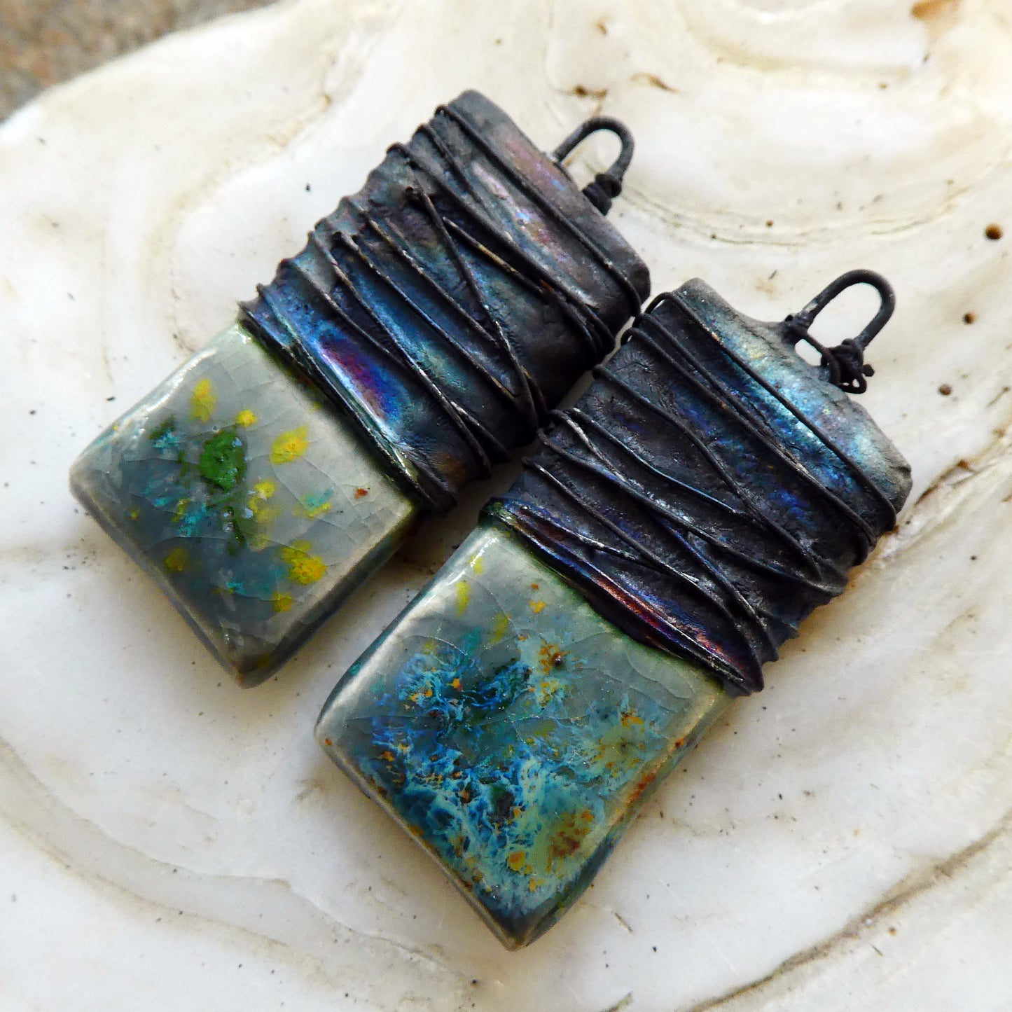 Ceramic Wire Wrapped Tablet Charms - Mountain Moss