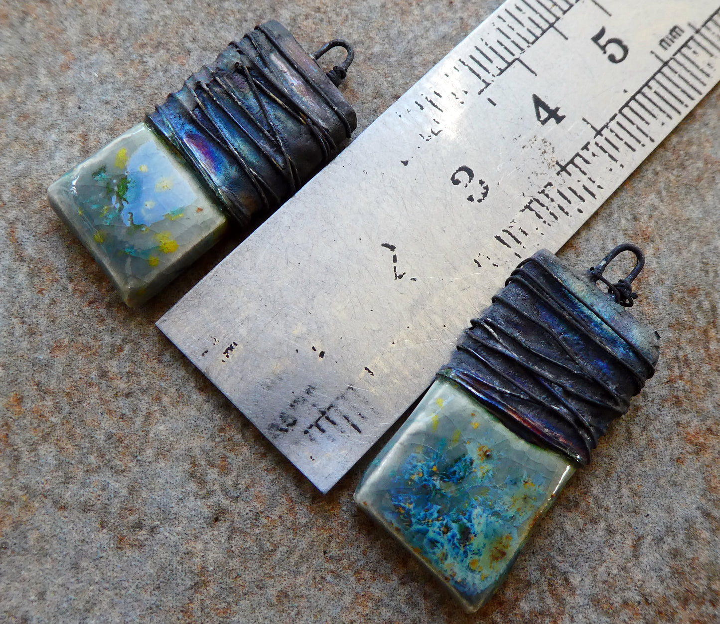 Ceramic Wire Wrapped Tablet Charms - Mountain Moss