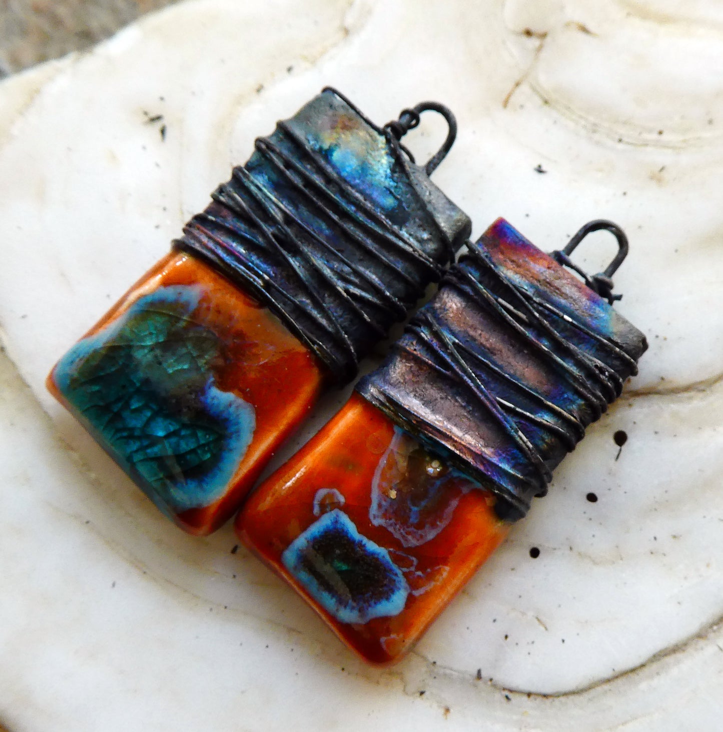 Ceramic Wire Wrapped Tablet Charms -Vermillion Sunburst