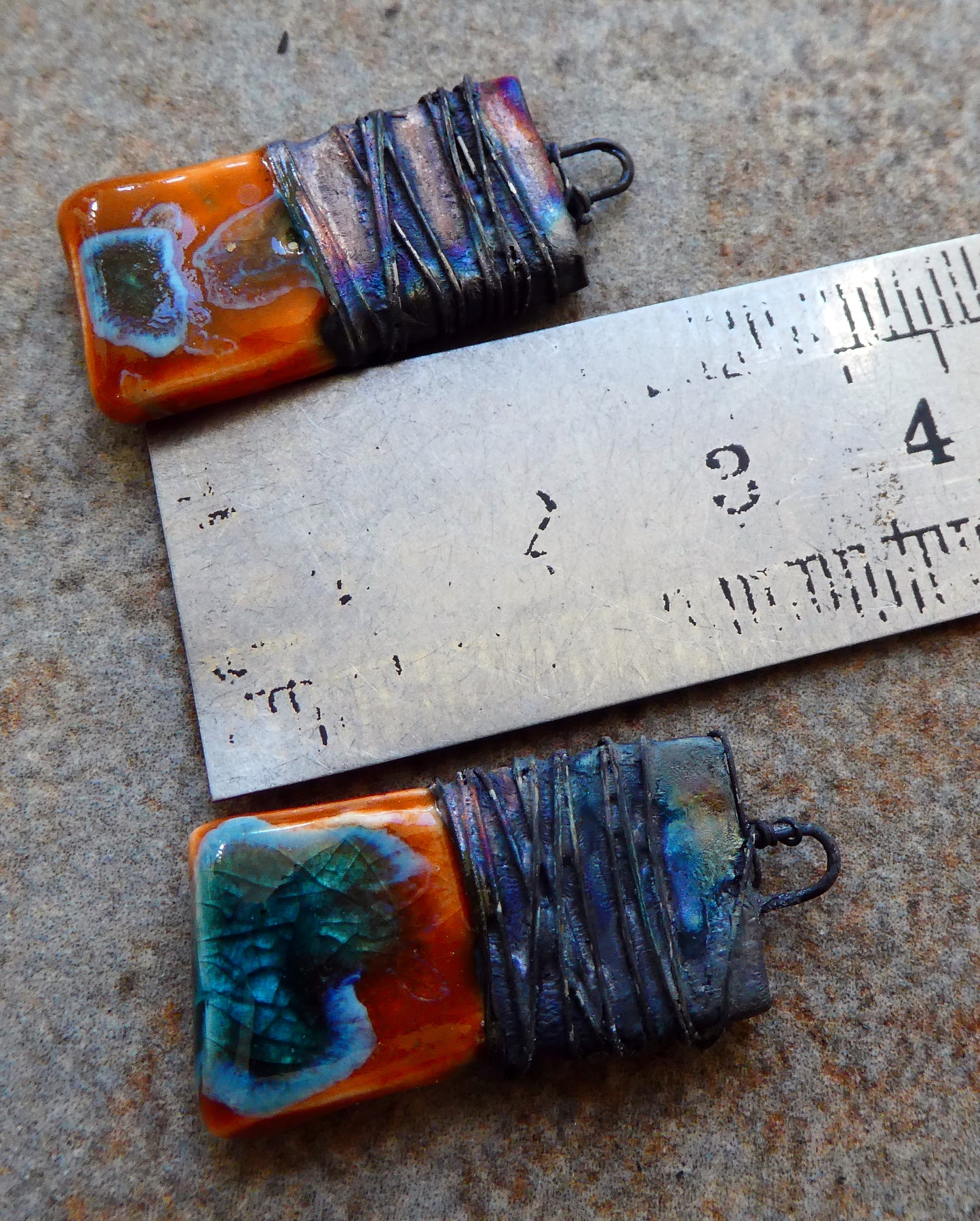 Ceramic Wire Wrapped Tablet Charms -Vermillion Sunburst