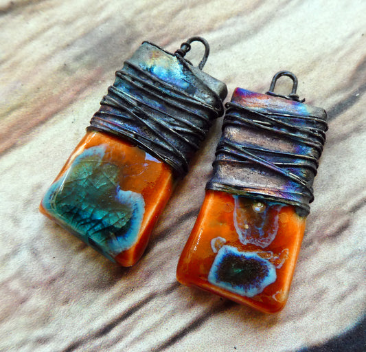 Ceramic Wire Wrapped Tablet Charms -Vermillion Sunburst