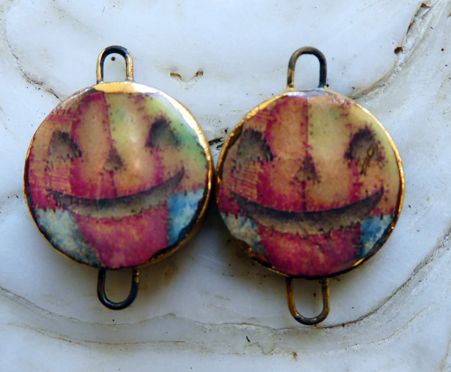 Ceramic Little Disc Pumpkin Decal Earring Connectors- Patchwork