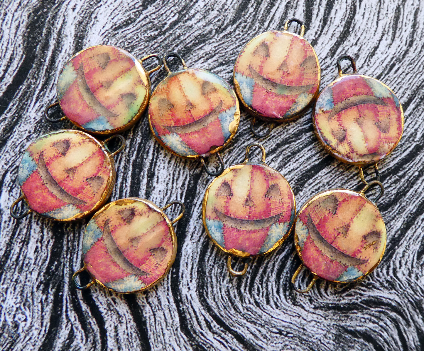 Ceramic Little Disc Pumpkin Decal Earring Connectors- Patchwork
