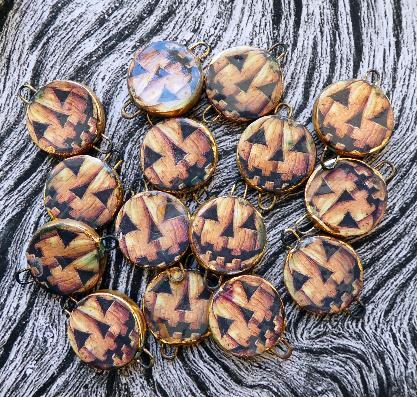 Ceramic Little Disc Pumpkin Decal Earring Connectors- Vintage