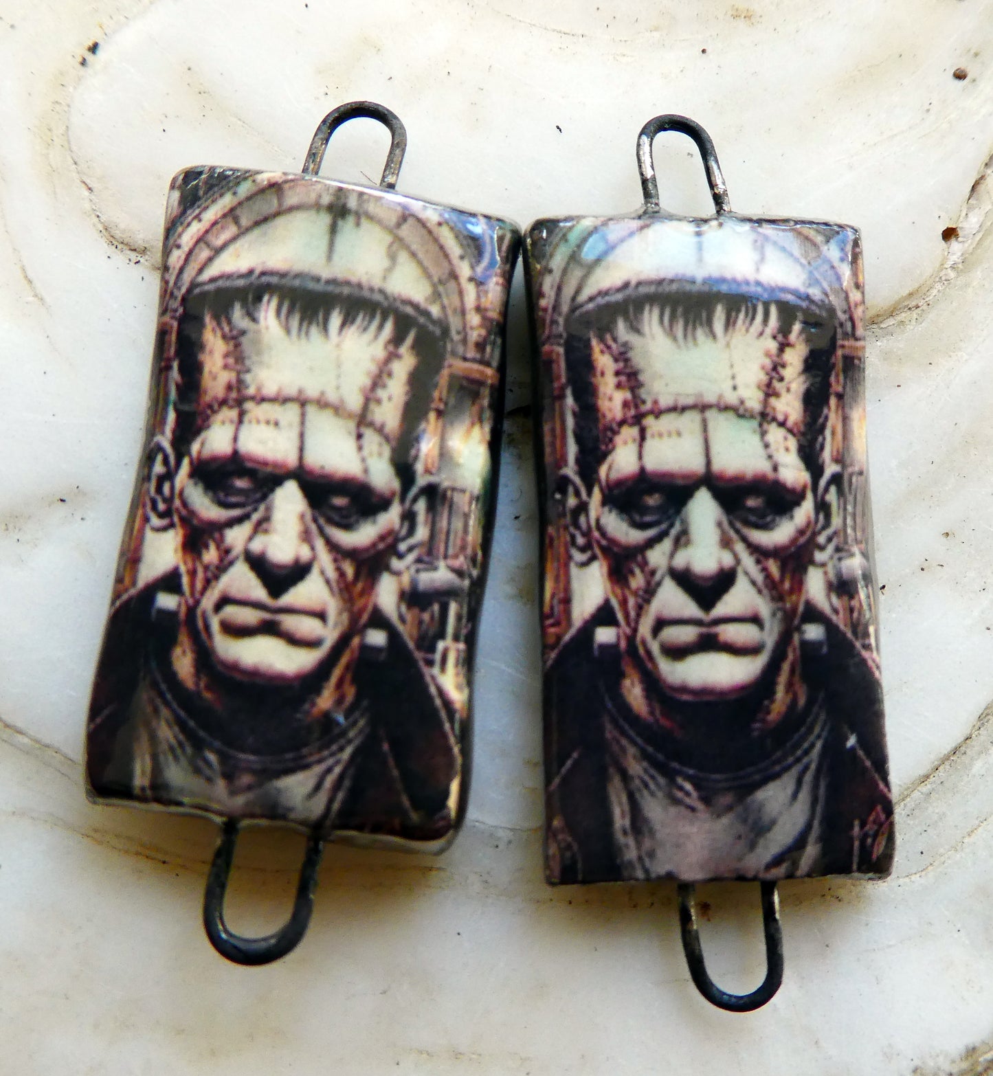 Ceramic Frankenstein Monstor Decal Tablet Earring Connectors