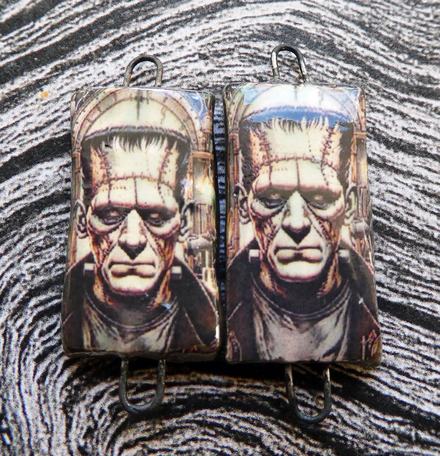 Ceramic Frankenstein Monstor Decal Tablet Earring Connectors