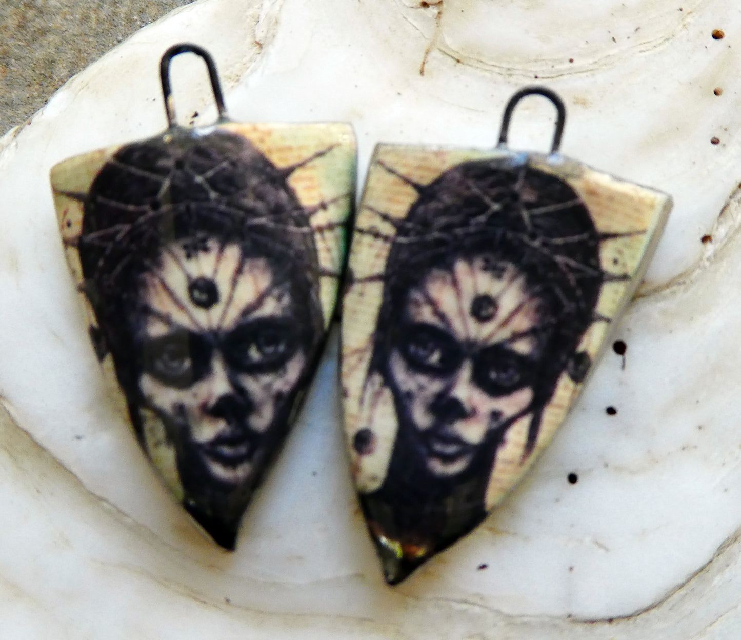 Ceramic Decal Shield Earring Charms - Voodoo Priestess